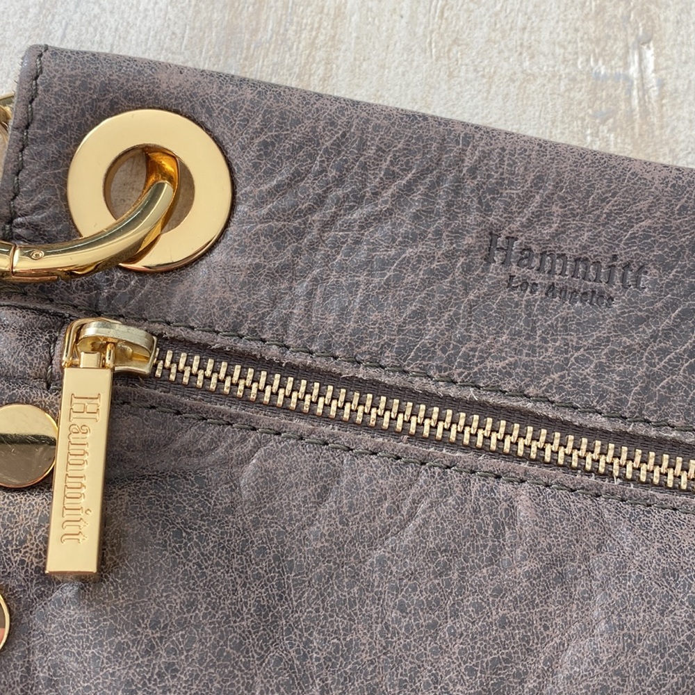 Hammitt Tony pewter taupe suede gold tone studded mini crossbody purse - Picture 3 of 10